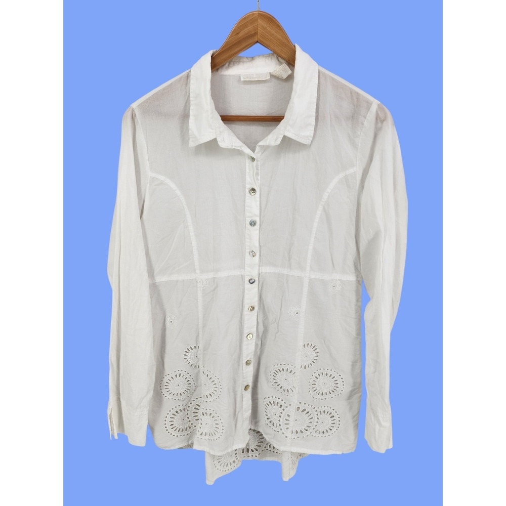 Whitewash Cotton Poplin Shirt Coastal Lagenlook‎ Button Up Eyelet Women Large